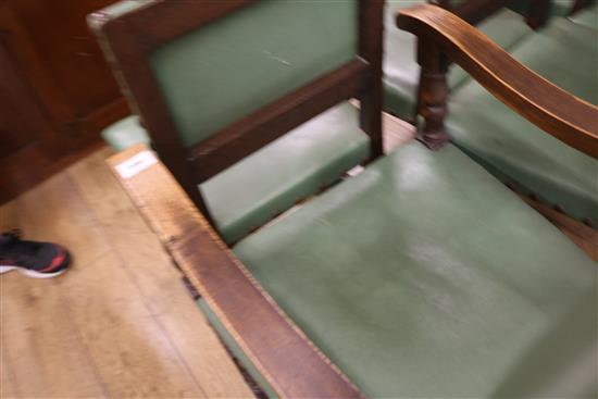Eight leather seat oak dining chairs